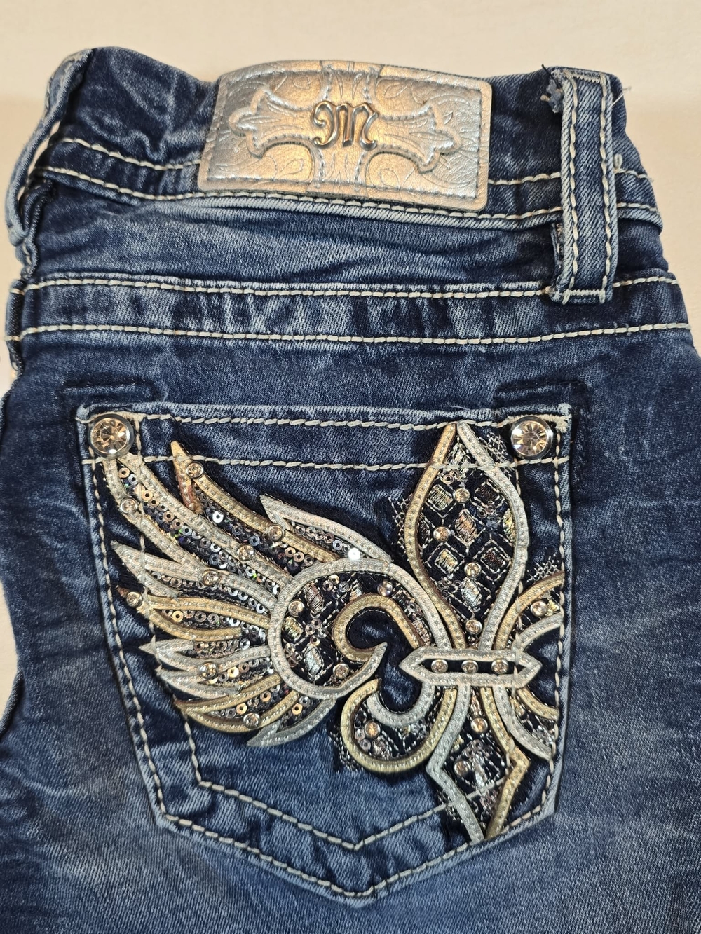 Miss Me Dark Blue Denim Jeans with Gold & Silver Embellished Back Pocket Sz. 26